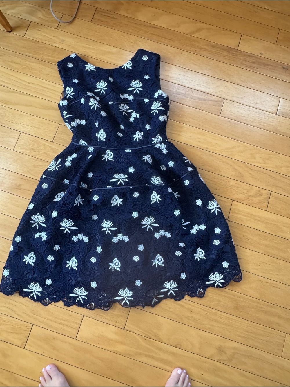 Navy Lace Floral Dress with White Embroidery